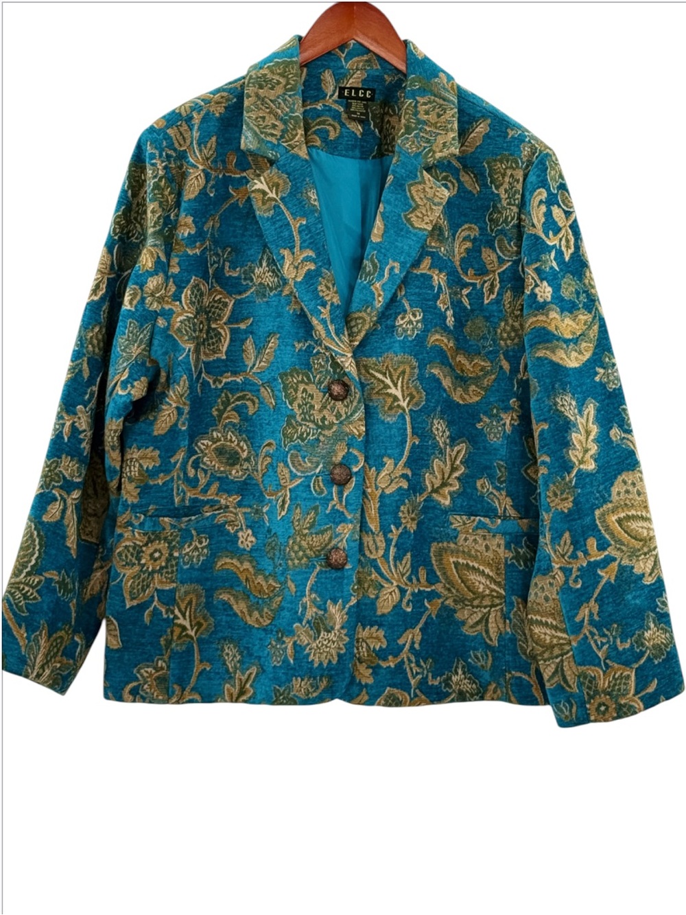 ELCC 1X Teal Blue Floral Tapestry Chenille Blazer Jacket Cottagecore Boho